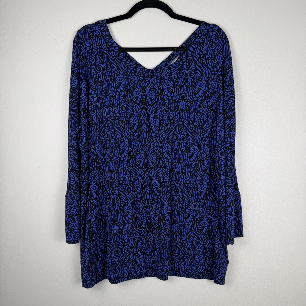 Soma Shirt Top Women's Large Blue Black Geometric Print Long Sleeve‎ Pullover